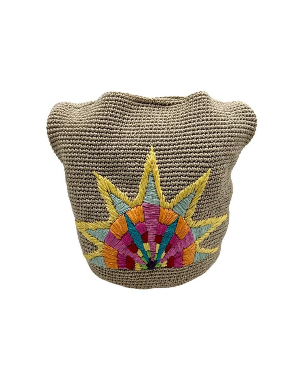The Sak Tan Crocheted Crossbody Bag with Multicolor Sunburst Embroidery
